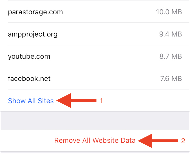 Toca Mostrar todos los sitios o Eliminar todos los datos del sitio web