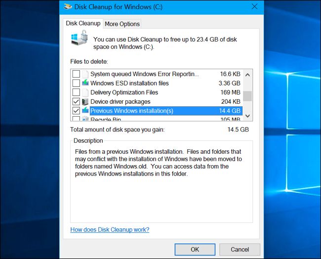 Opción de instalación (es) anterior (es) de Windows en el Liberador de espacio en disco