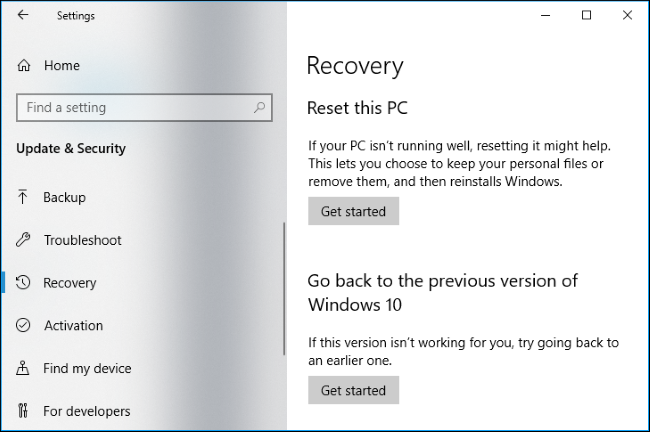 Regrese a una versión anterior de las opciones de recuperación de Windows 10