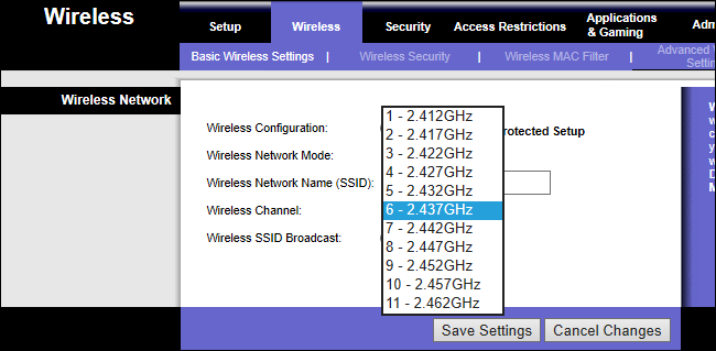 página de configuración del enrutador wi-fi que muestra canales de 2,4 GHz