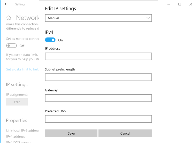 Configuración de IP manual en la configuración de Windows 10