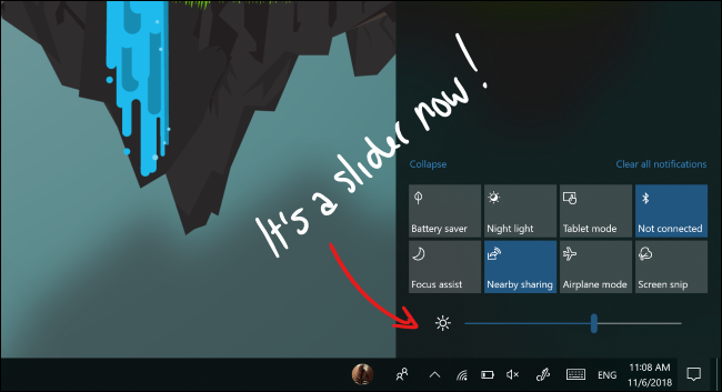 El control deslizante de brillo en el centro de acción de Windows 10