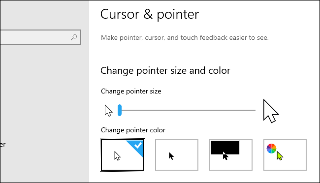 Página de configuración de cursor y puntero de Windows 10