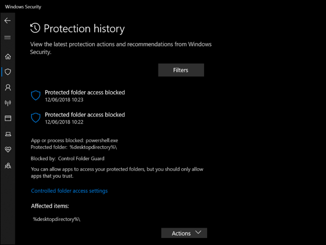 Historial de protección en la seguridad de Windows