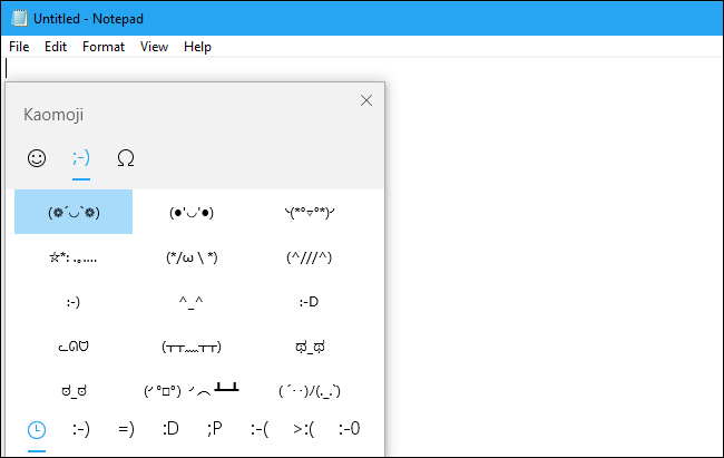 Kaomoji en el panel de emoji en Windows 10