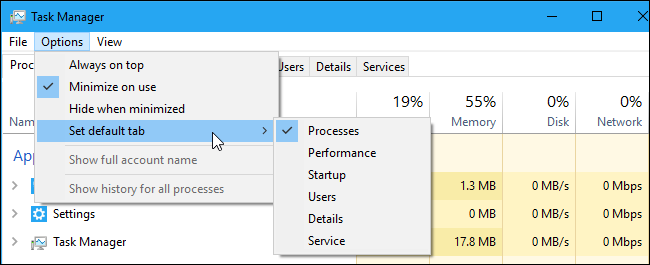 El menú Establecer pestaña predeterminada en el Administrador de tareas de Windows 10