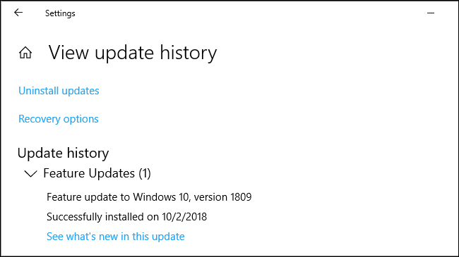 La última actualización de funciones instalada en la configuración de Windows 10