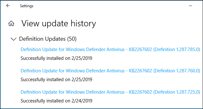 Historial de actualizaciones que muestra actualizaciones de definiciones de malware en Windows 10