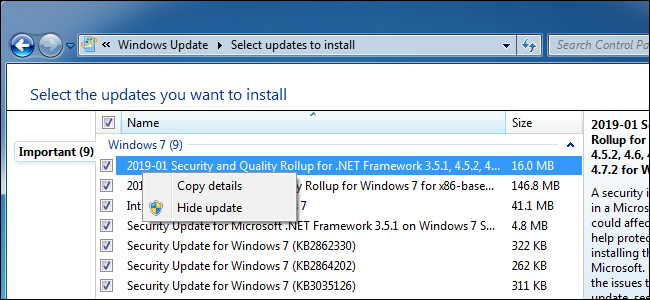 Ocultar una actualización en Windows Update en Windows 7