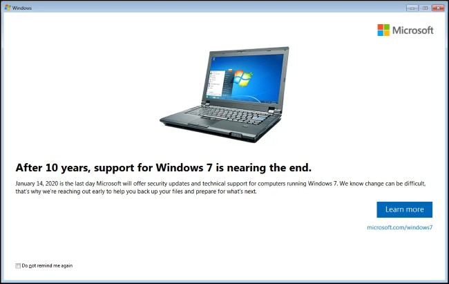 Notificación de fin de vida útil de Windows 7