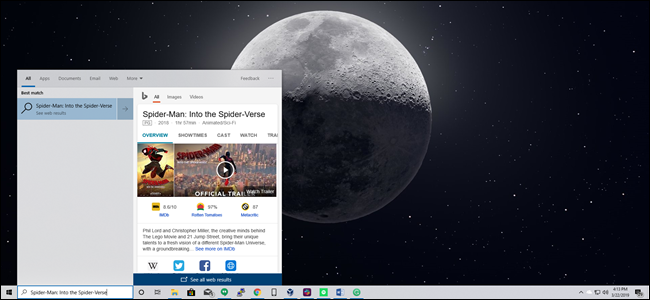 Búsqueda en el menú Inicio de Windows 10 con resultados web de Bing para Spider-Man: Into the Spider-Verse