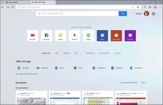 Conjuntos en Windows 10 que muestran la página de nueva pestaña de Edge con un cuadro de búsqueda de Bing