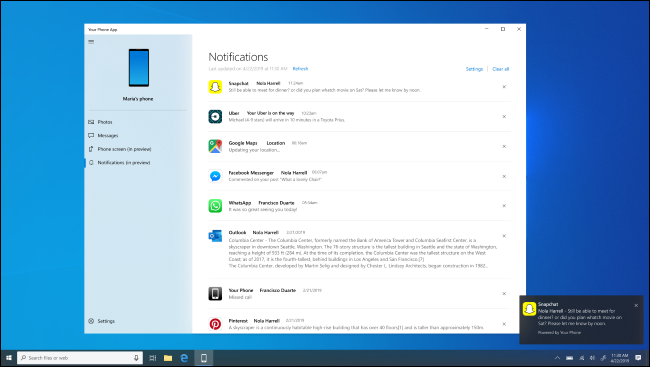 Aplicación de Windows 10 Your Phone que muestra notificaciones de Android