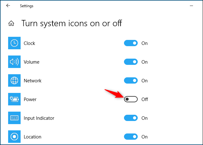 Opción para mostrar el icono de la batería en la barra de tareas de Windows 10 en la aplicación Configuración
