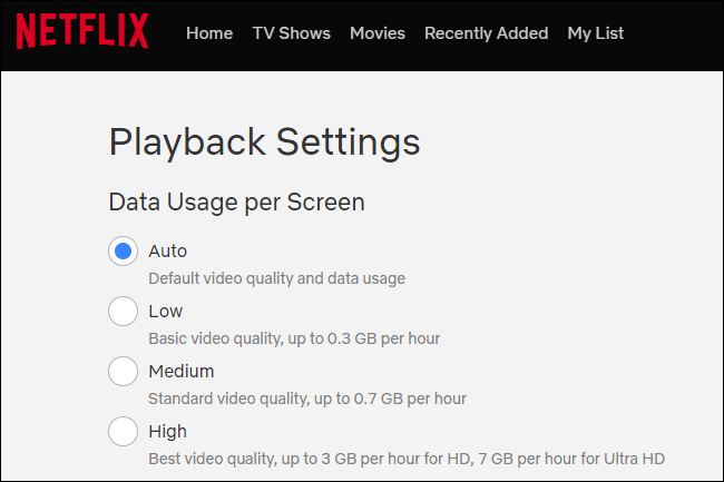 Uso de datos de Netflix por configuración de reproducción de pantalla