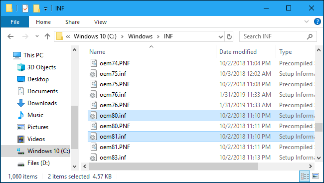 Archivos INF OEM en la carpeta del sistema de Windows 10