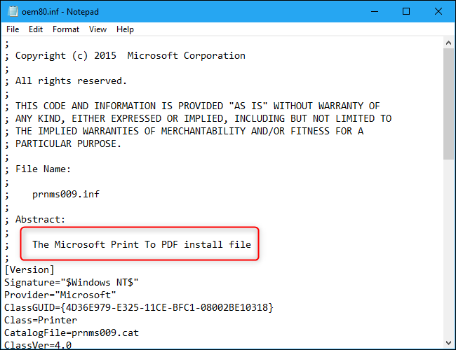 El archivo INF de Microsoft Print To PDF