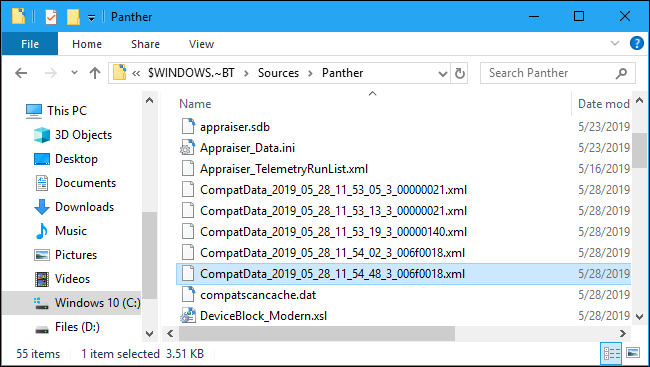 Archivo CompatData en la carpeta Panther de Windows 10