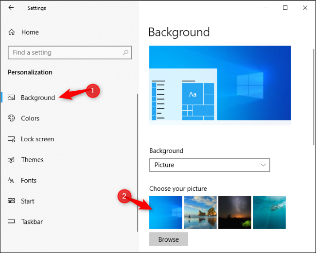 Seleccionar el nuevo fondo de escritorio predeterminado de Windows 10