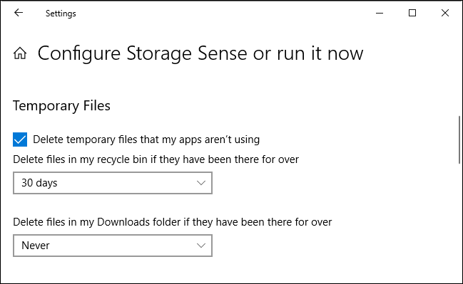 Opciones de papelera de reciclaje y descargas de Storage Sense