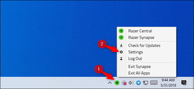 Abrir la configuración de Razer desde el icono de la bandeja del sistema