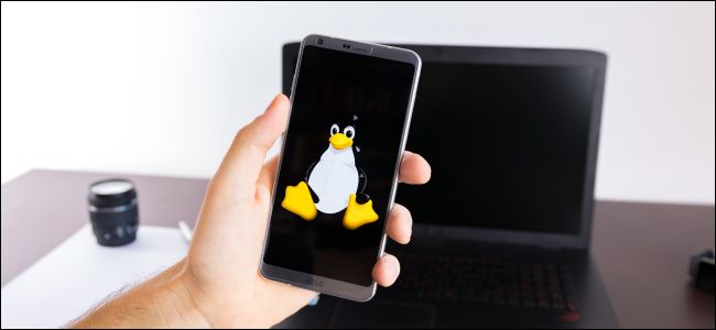 Smartphone con logo de Linux tux y portátil