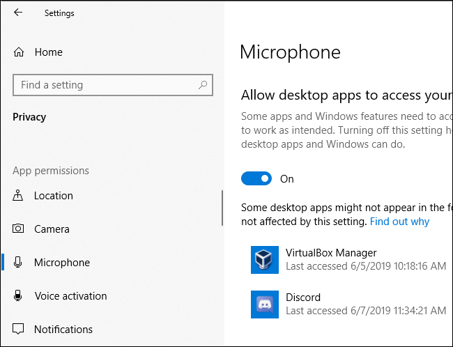 El panel de privacidad del micrófono de Windows 10 muestra cuándo las aplicaciones accedieron por última vez al micrófono de la PC