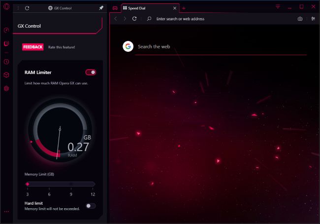 Opera GX con GX Control RAM Limiter habilitado.