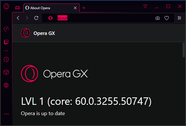 Número de versión de Opera GX nivel 1