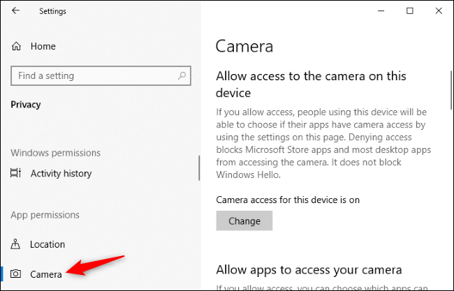 Configuración> Privacidad> Panel de la cámara en Windows 10