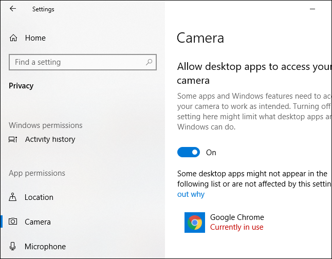 Configuración de la cámara de Windows 10 que muestra qué aplicación está usando su cámara