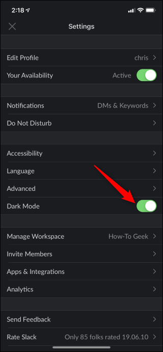 Opción para habilitar el modo oscuro habilitado en Slack en iPhone