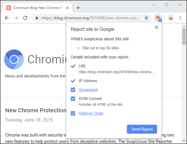 Extensión Chrome Sospicious Site Reporter