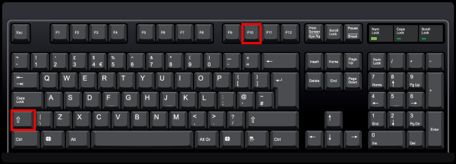 Teclas Shift y F10 resaltadas en un teclado de PC