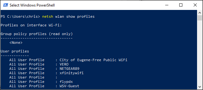 Lista de perfiles inalámbricos guardados en PowerShell