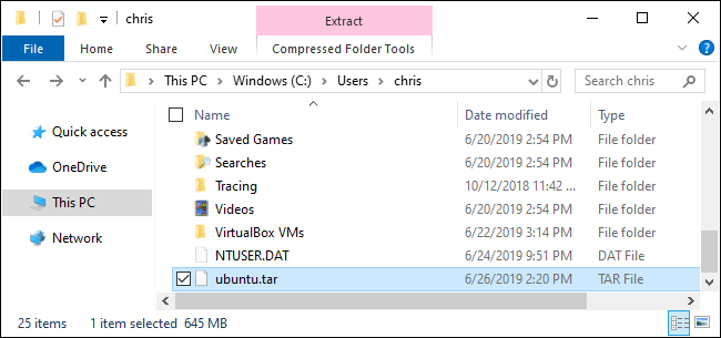 Un archivo TAR de un entorno Linux creado por Windows 10
