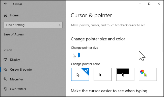 El menú "Cursor y puntero" en la aplicación Configuración de Windows 10.