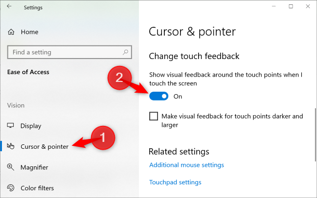 En el panel "Cursor y puntero", toca el botón "Mostrar comentarios visuales alrededor de los puntos táctiles cuando toco la pantalla" para cambiar a "Desactivado".