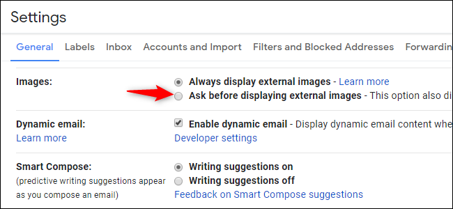 Opción para deshabilitar imágenes externas y, por lo tanto, seguimiento de correo electrónico en Gmail