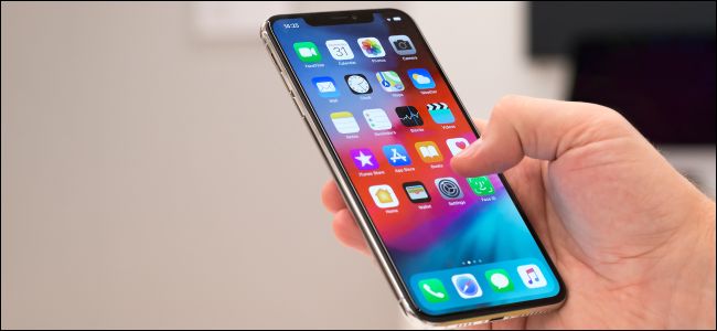 Mano que sostiene un iPhone XS que muestra la pantalla de inicio.