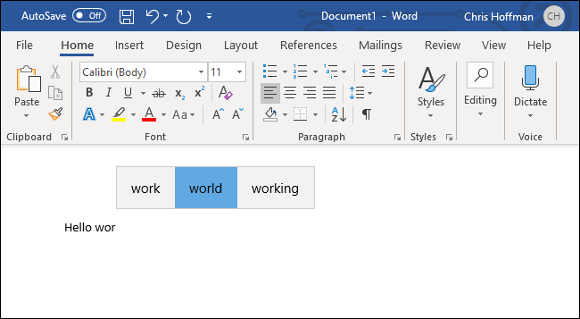 Predicción de texto de Windows 10 para un teclado de hardware en Microsoft Word.