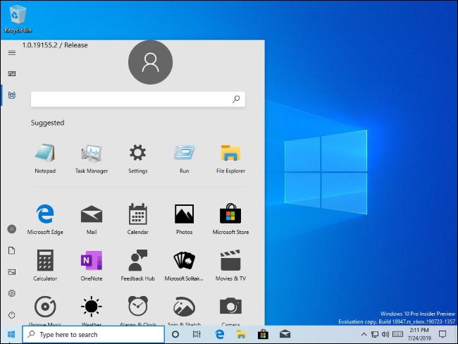 Menú de inicio de Windows 10 filtrado sin mosaicos en vivo