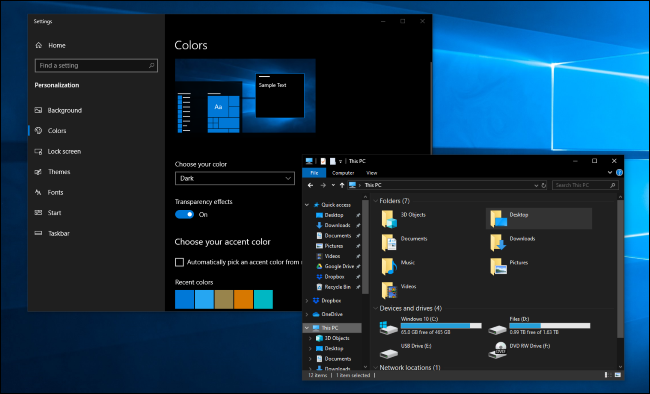 Modo oscuro en la configuración de Windows 10 y las aplicaciones del Explorador de archivos