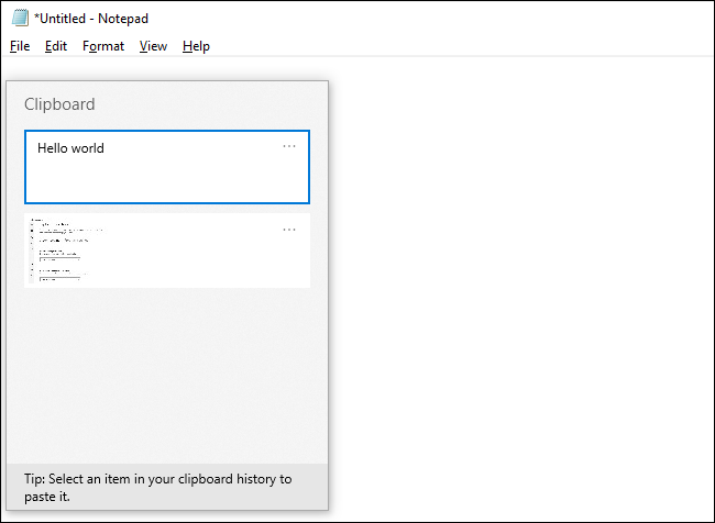 Panel de historial del portapapeles en el Bloc de notas en Windows 10