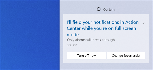 Mensaje de Cortana Focus Assist en Action Center