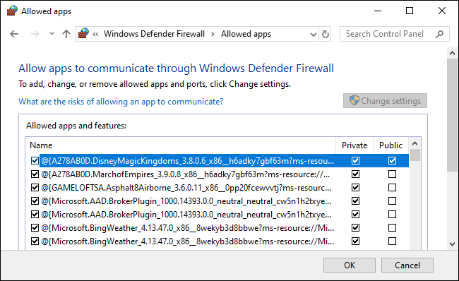 Una lista de aplicaciones permitidas de Windows Defender Firewall.