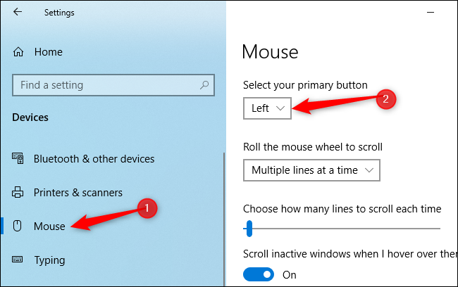 Cambiar el botón izquierdo y derecho del mouse en Windows 10
