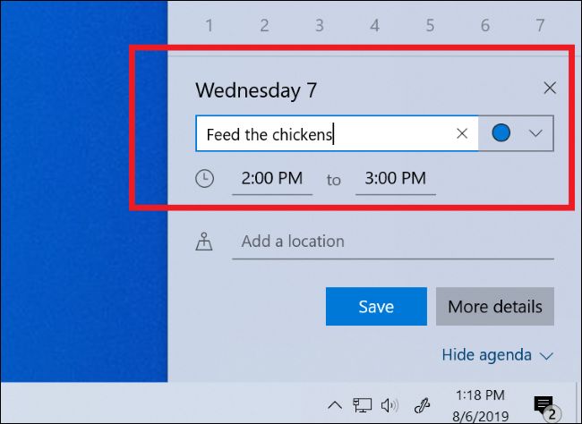 Agregar un evento de calendario desde el panel de calendario de la barra de tareas de Windows 10