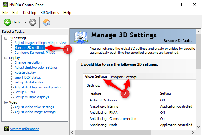 Administrar la configuración 3D en el Panel de control de NVIDIA