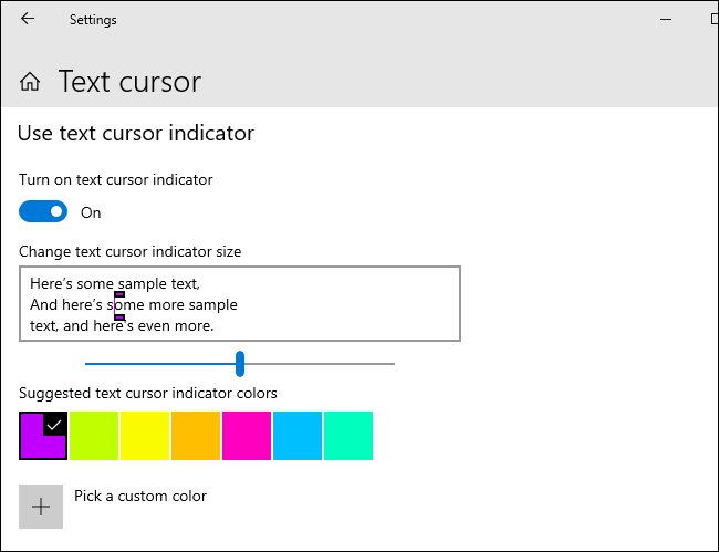 Personalización de su indicador de cursor de texto en Windows 10.